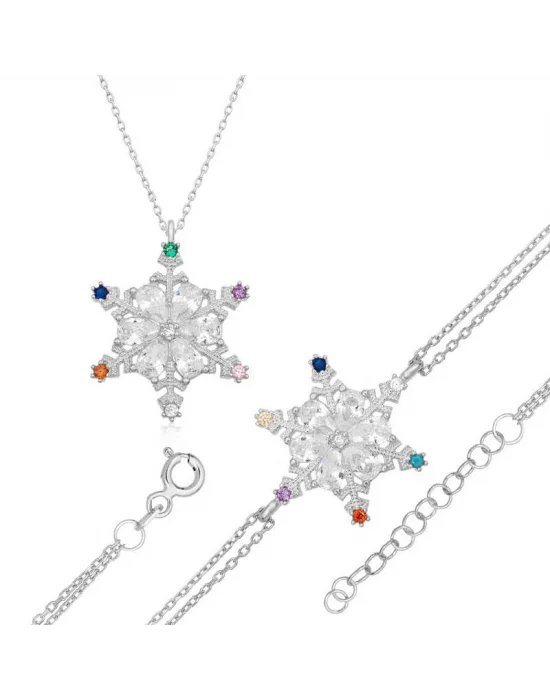 Gümüş Renkli Taşlı Kar Tanesi Kadın Set