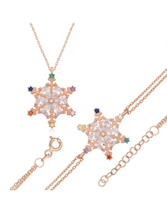 Gümüş Renkli Taşlı Kar Tanesi Kadın Set