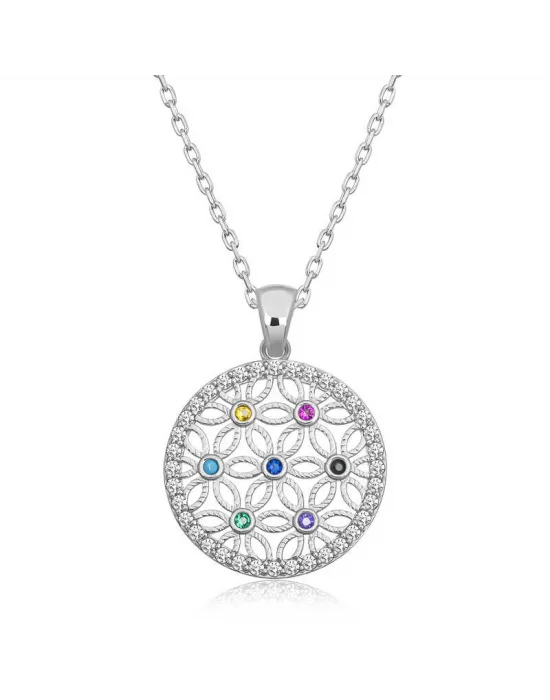 Gümüş Renkli Taşlı Yaşam Çiçeği Kadın Kolye