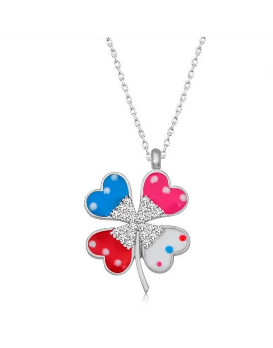 Gümüş Renkli Taşlı Yonca Kadın Kolye