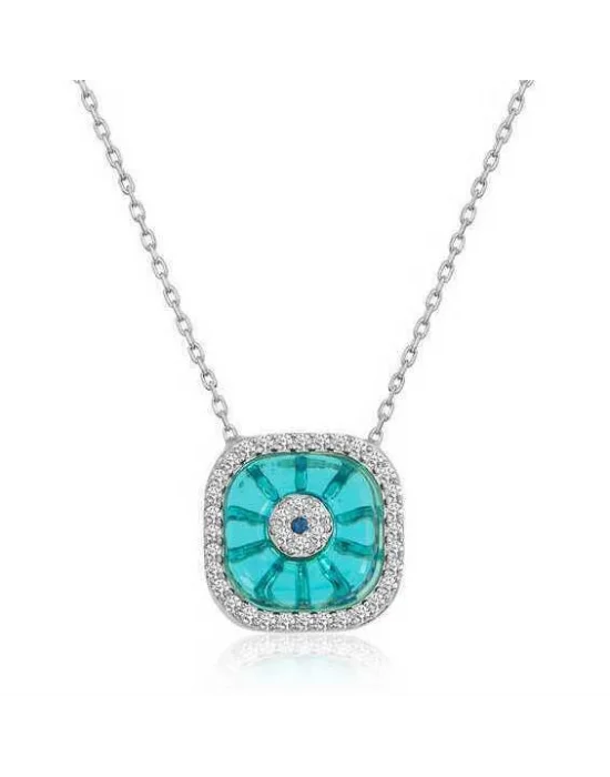 Gümüş Rodyum Kare Camgöz Nazar Bayan Kolye