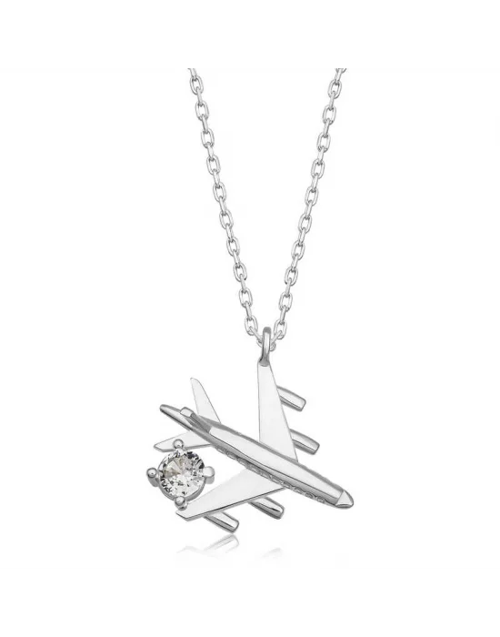 Gümüş Rodyum Tek Taşlı Uçak Kadın Kolye