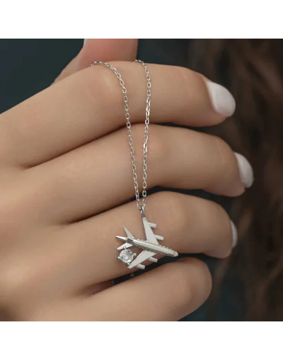 Gümüş Rodyum Tek Taşlı Uçak Kadın Kolye