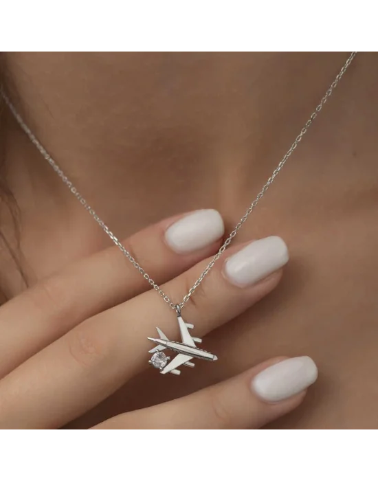 Gümüş Rodyum Tek Taşlı Uçak Kadın Kolye