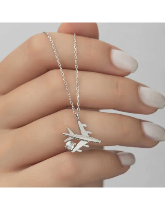 Gümüş Rodyum Tek Taşlı Uçak Kadın Kolye