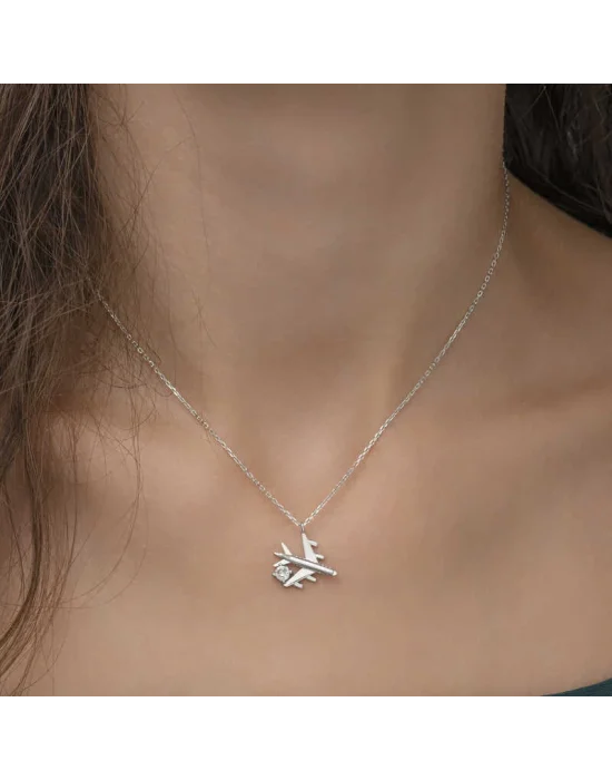 Gümüş Rodyum Tek Taşlı Uçak Kadın Kolye
