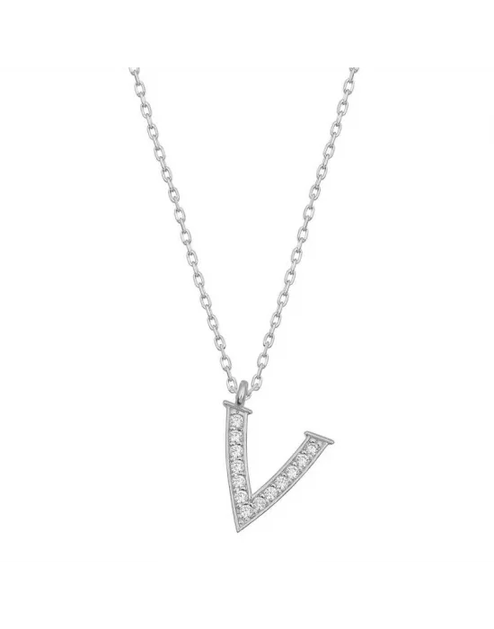 Gümüş Rodyum V Harfi Kadın Kolye