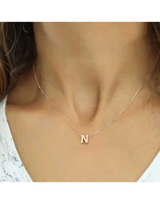 Gümüş Rose 3 Boyutlu N Harf Bayan Kolye