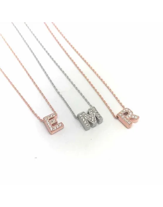 Gümüş Rose 3 Boyutlu Nazarlı Harf Bayan Kolye