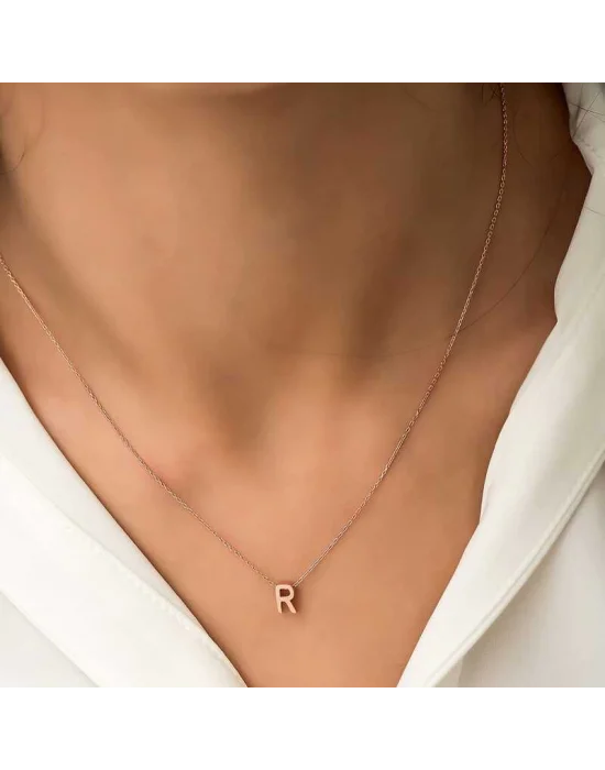 Gümüş Rose 3 Boyutlu R Harf Bayan Kolye