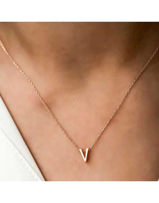 Gümüş Rose 3 Boyutlu V Harf Bayan Kolye