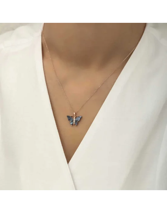 Gümüş Rose Antrasit Kaplangözü Taşlı Kelebek Kolye