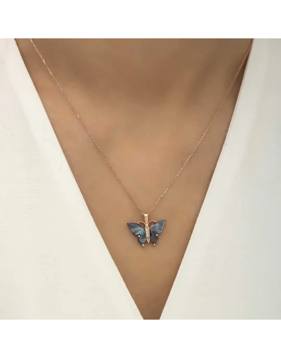 Gümüş Rose Antrasit Kaplangözü Taşlı Kelebek Kolye