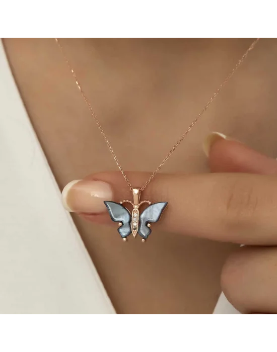 Gümüş Rose Antrasit Kaplangözü Taşlı Kelebek Kolye