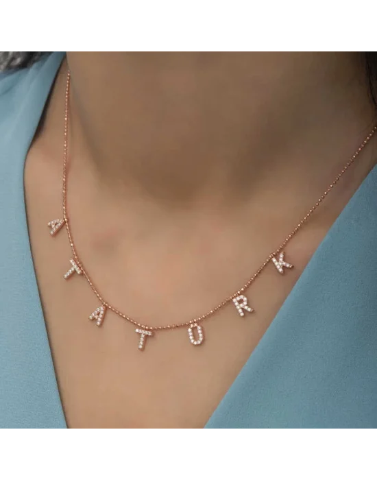 Gümüş Rose Atatürk Yazılı Bayan Kolye