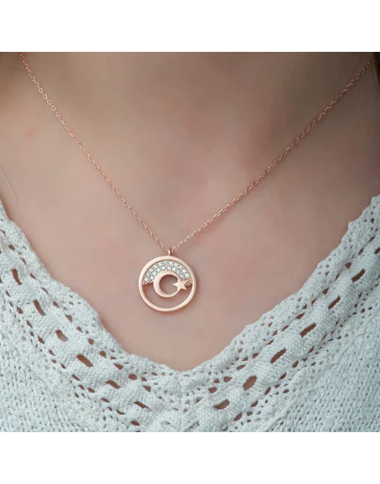 Gümüş Rose Ay Yıldız Bayan Kolye