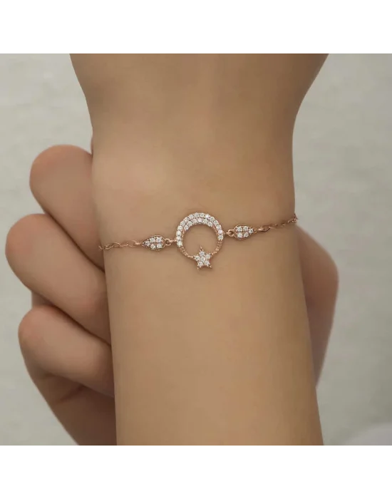 Gümüş Rose Ay Yıldız Kadın Bileklik