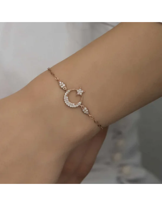 Gümüş Rose Ay Yıldız Kadın Bileklik