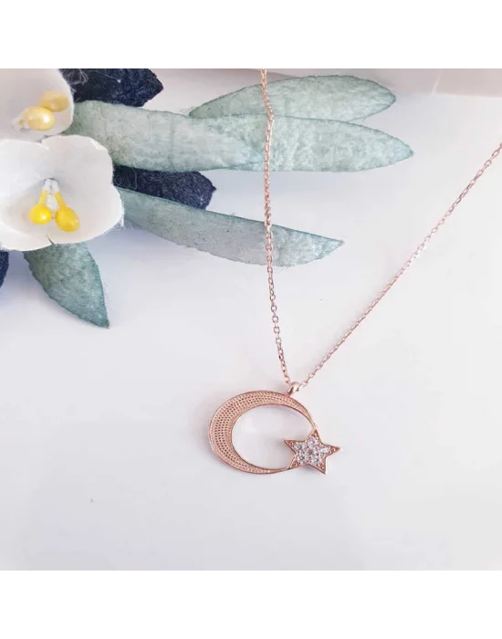 Gümüş Rose Ay Yıldız Kadın Kolye
