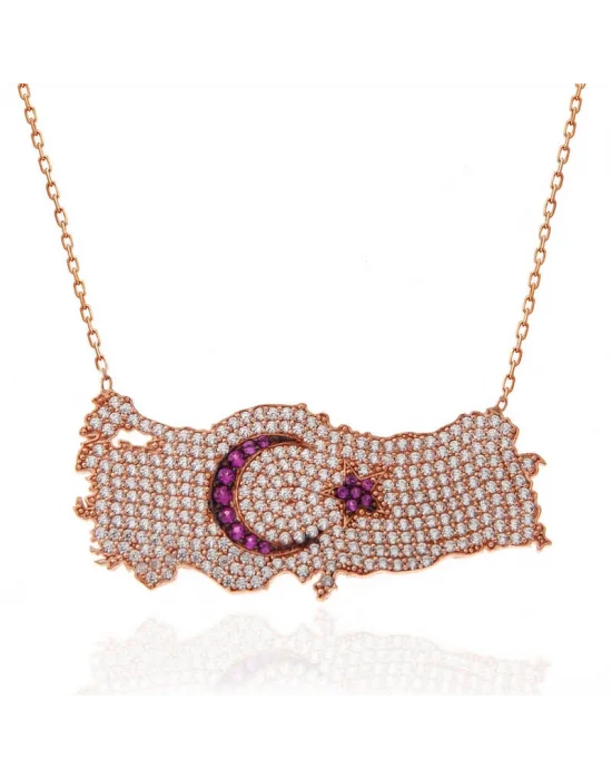 Gümüş Rose Ay Yıldız Türkiye Haritası Kadın Kolye