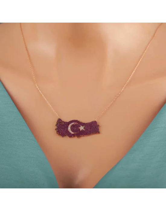 Gümüş Rose Ay Yıldız Türkiye Haritası Kadın Kolye