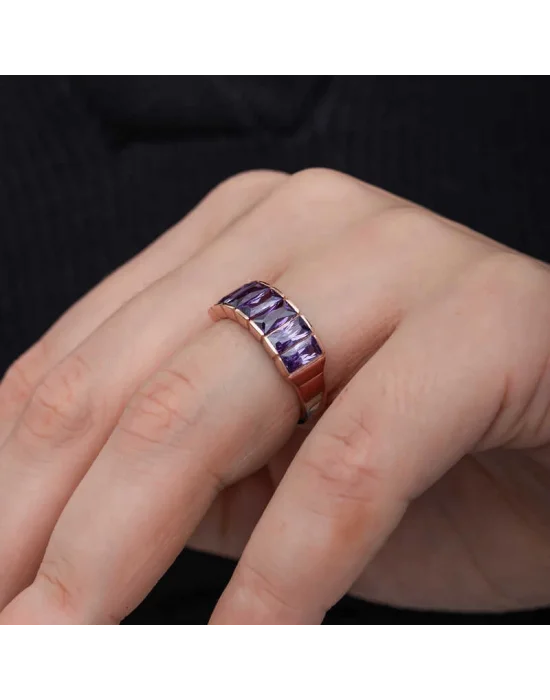 Gümüş Rose Baget  Ametist Taşlı Kadın Yüzük