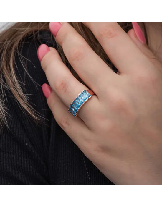 Gümüş Rose Baget  Aquamarine Taşlı Kadın Yüzük