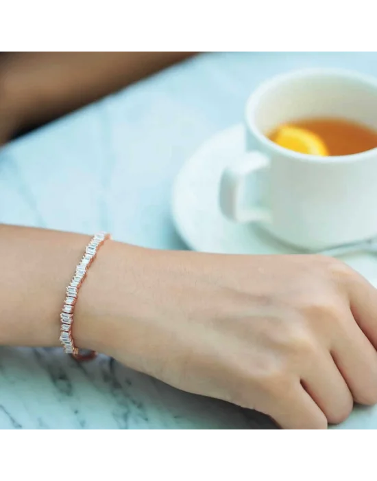 Gümüş Rose Baget Taşlı Su Yolu Asansör Bileklik