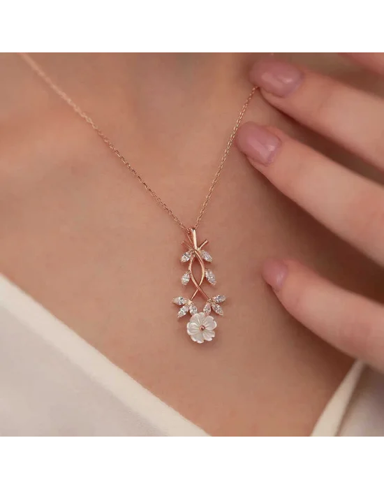 Gümüş Rose Beyaz Bahar Çiçeği Kolye