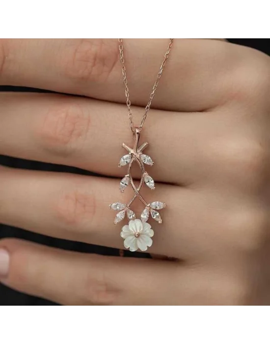 Gümüş Rose Beyaz Bahar Çiçeği Kolye