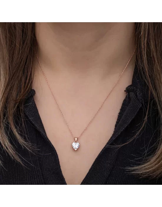 Gümüş Rose Beyaz Taşlı Kalpli Kadın Kolye