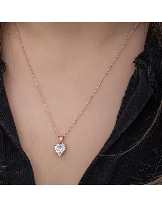 Gümüş Rose Beyaz Taşlı Kalpli Kadın Kolye