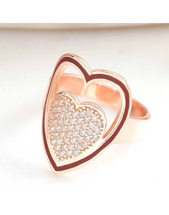 Gümüş Rose Beyaz Taşlı Kalpli Kadın Yüzük