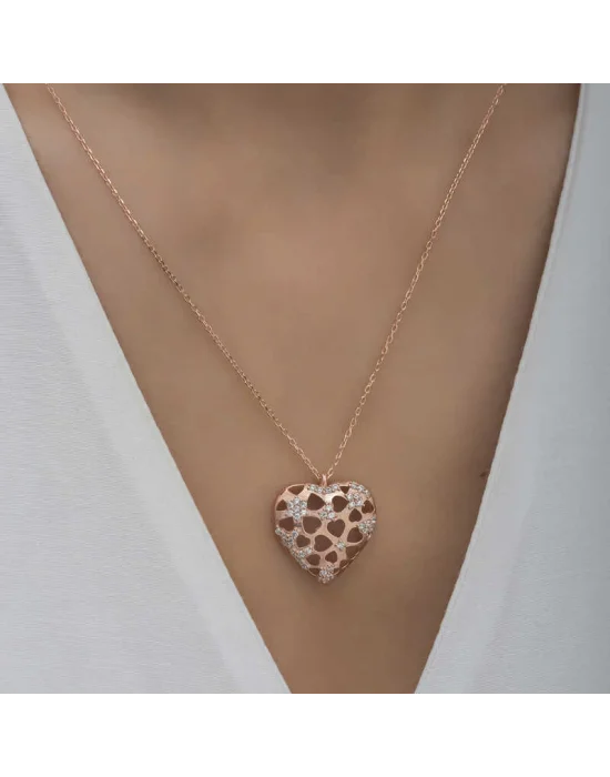 Gümüş Rose Bombeli Kalp Kadın Kolye