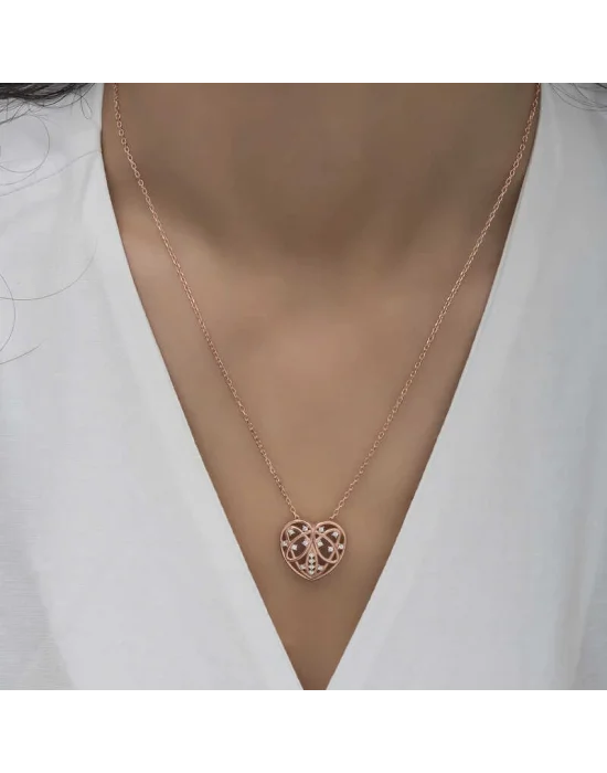 Gümüş Rose Bombeli Kalp Kadın Kolye