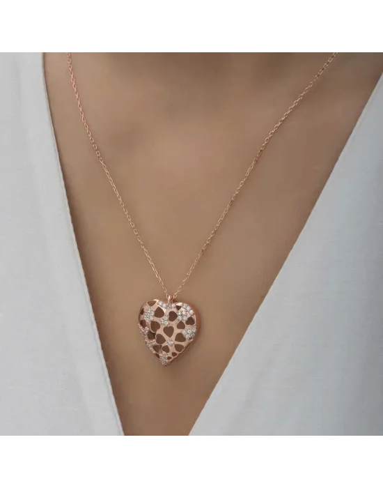 Gümüş Rose Bombeli Kalp Kadın Kolye