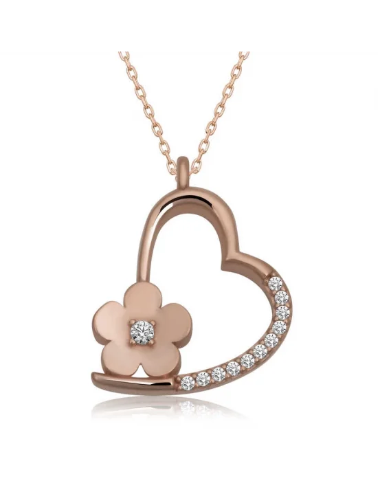 Gümüş Rose Çiçekli Kalp Kadın Kolye