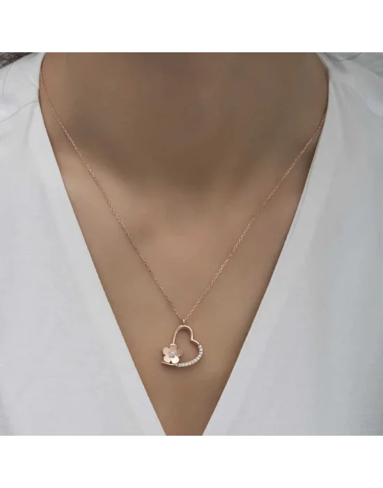 Gümüş Rose Çiçekli Kalp Kadın Kolye