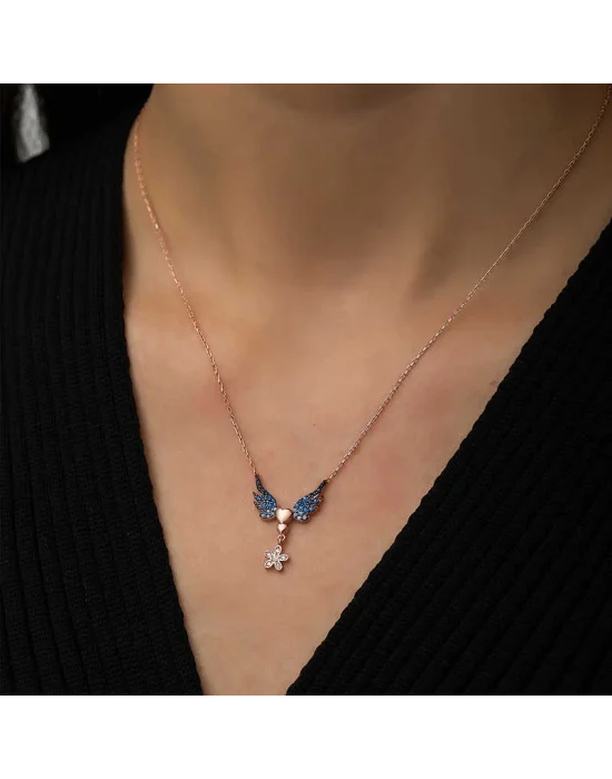 Gümüş Rose Çiçekli Kanatlı Kalpli Kolye