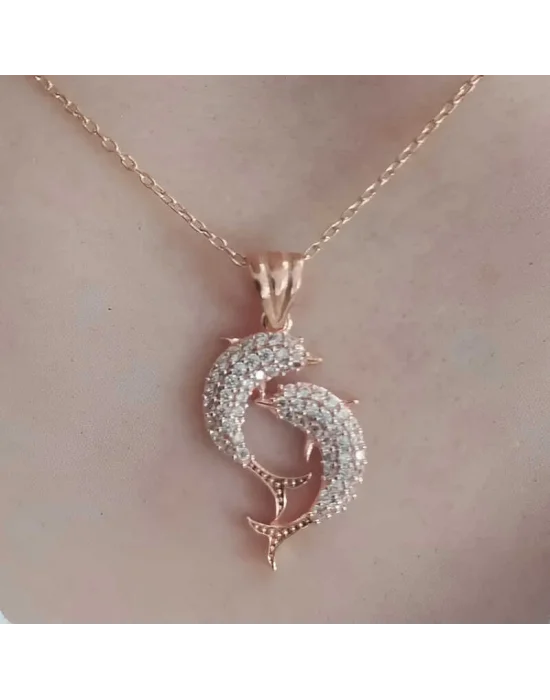 Gümüş Rose Çift Yunus Balığı Kadın Kolye