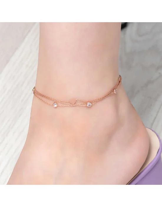 Gümüş Rose Çift Zincirli Kalp Zirkon Taşlı Halhal