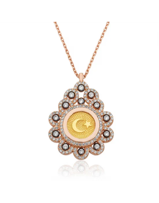 Gümüş Rose Damla Çerçeveli Ay Yıldız Bayan Kolye