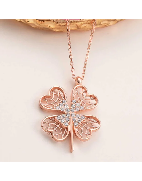 Gümüş Rose Dört Yapraklı Yonca Kadın Kolye