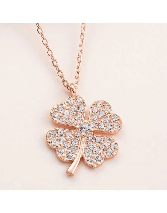 Gümüş Rose Dört Yapraklı Yonca Kadın Kolye