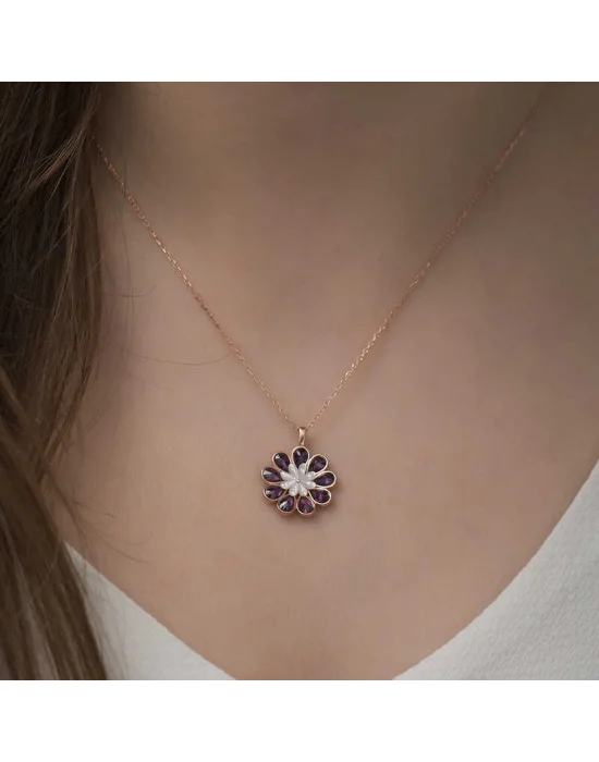 Gümüş Rose Erguvan Çiçeği Kolye
