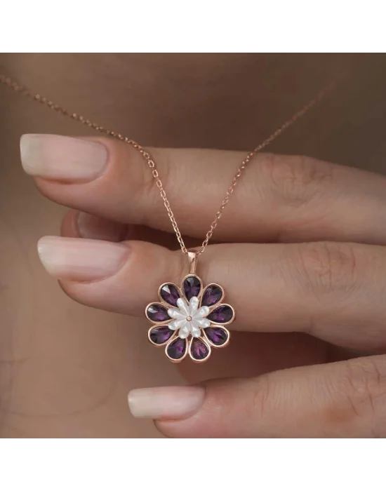 Gümüş Rose Erguvan Çiçeği Kolye