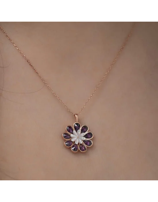 Gümüş Rose Erguvan Çiçeği Kolye