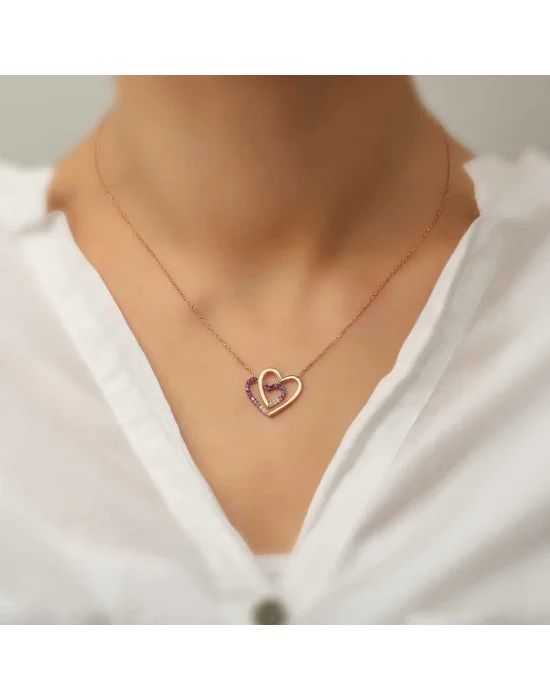 Gümüş Rose İki Kalp Bayan Kolye