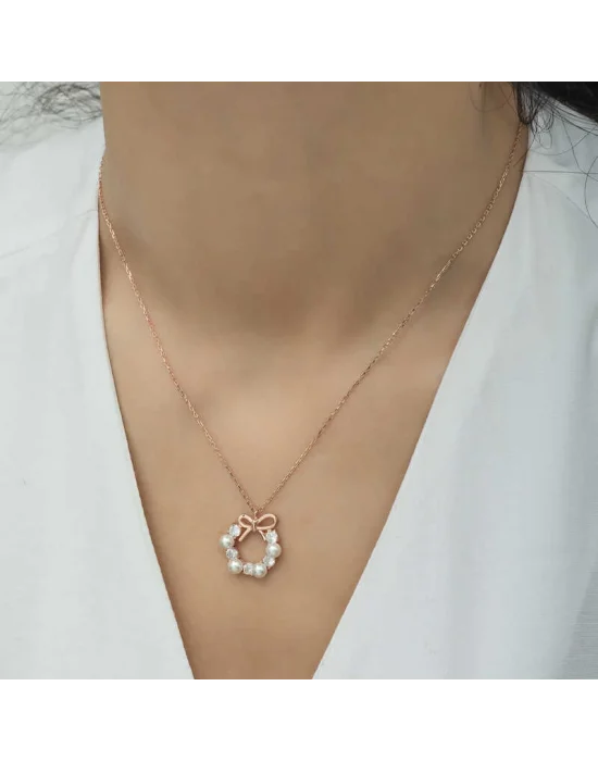 Gümüş Rose İnci Kurdele Kadın Kolye