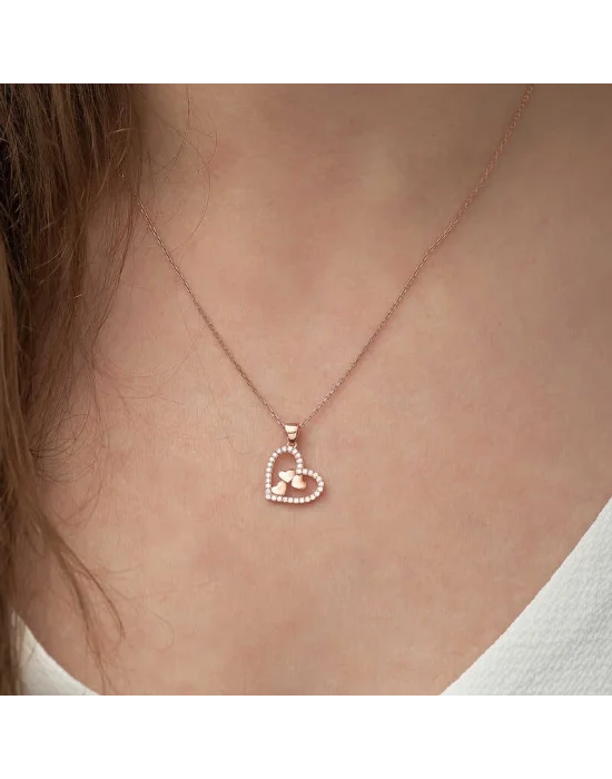 Gümüş Rose Kalbin İçinde Üç Kalp Kolye
